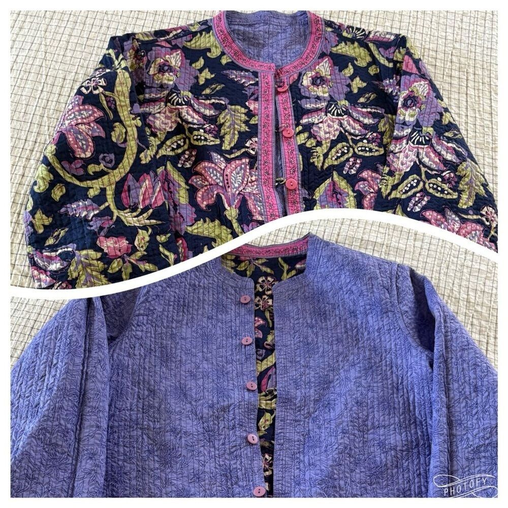 Reversible Women Floral Textured Quilted Jacket Size L Pockets Both Sides P2P 22 - Picture 2 of 12